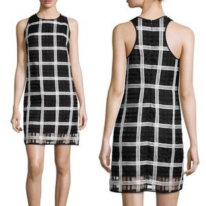 Milly Black & White Grid Pattern Organza Overlay A- Line Shift Dress, Size 6